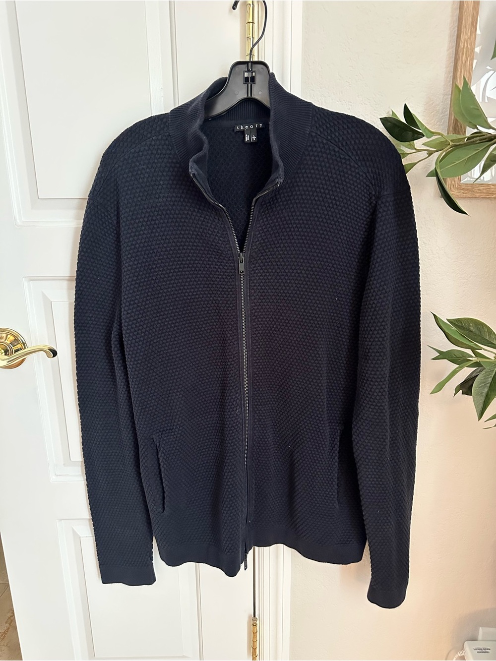 Theory Men's Navy Zip-Front Textured Sweater